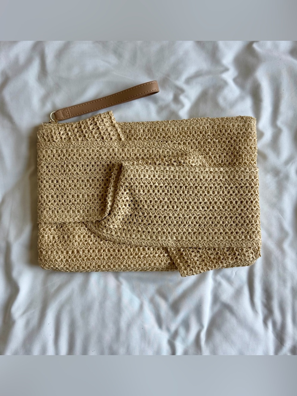 a new day Woven Straw Clutch in Beige with Tan Wrist Strap